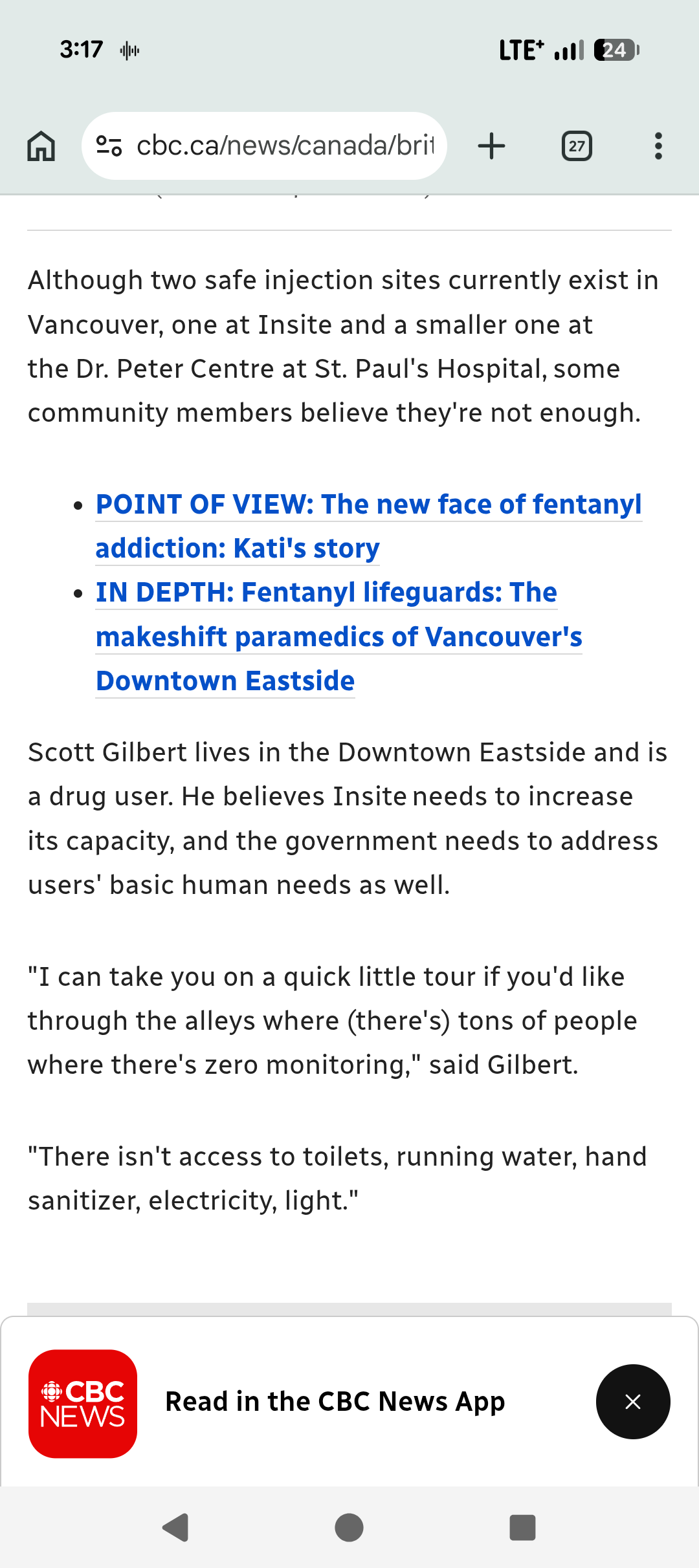 CBC News coverage quoting Scott Gilbert on conditions in the Downtown Eastside alleys — no toilets, running water, hand sanitizer, electricity, or light