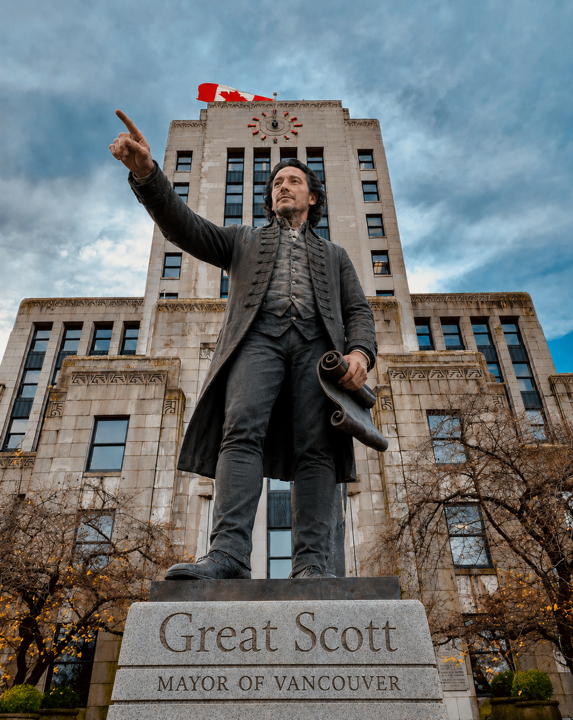 AI-generated image of a statue of Scott Gilbert outside Vancouver City Hall, labelled 'Great Scott, Mayor of Vancouver'